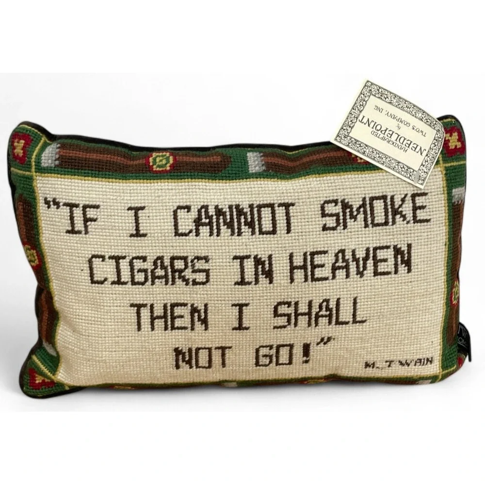 Vintage Twos Company Needlepoint Pillow Cigars In Heaven Mark Twain New